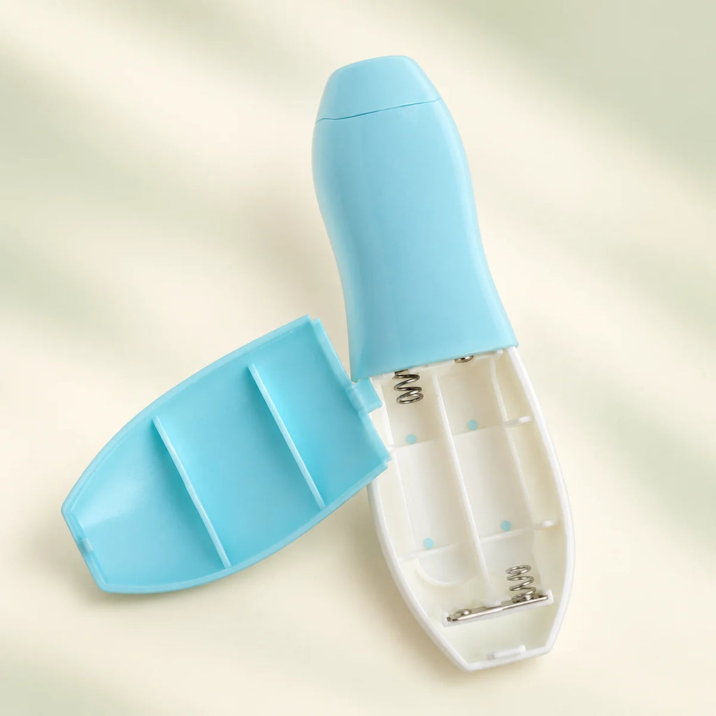 Two AA battery slots in the blue nail file; batteries not included