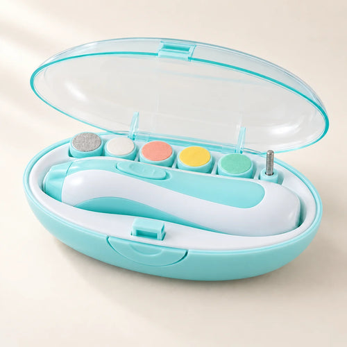 Blue electric baby nail file kit with six attachments and a storage case