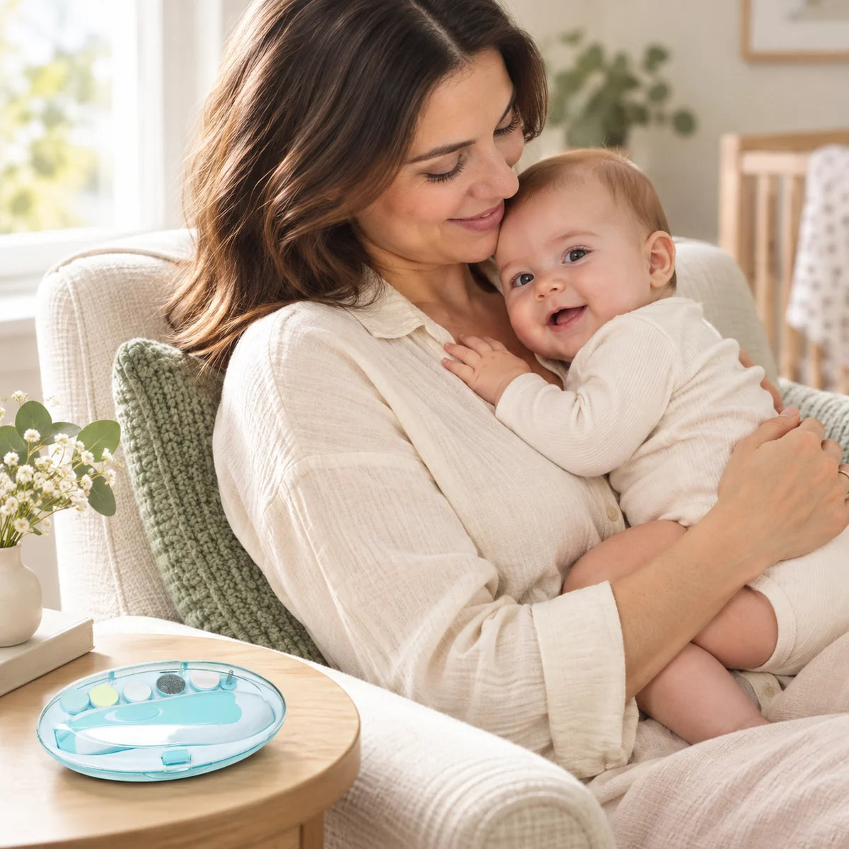 Parent holding a baby with the blue nail file kit nearby