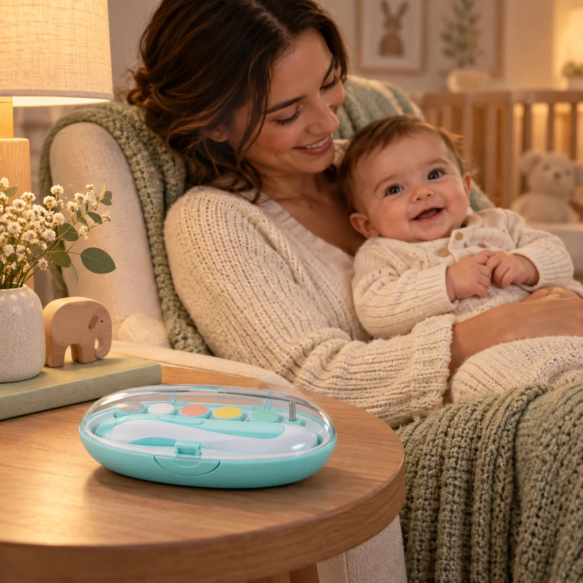 Parent and baby during an evening routine, with the nail file kit nearby