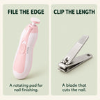 Rotating filing pad and nail clipper blade, showing different nail-care mechanisms