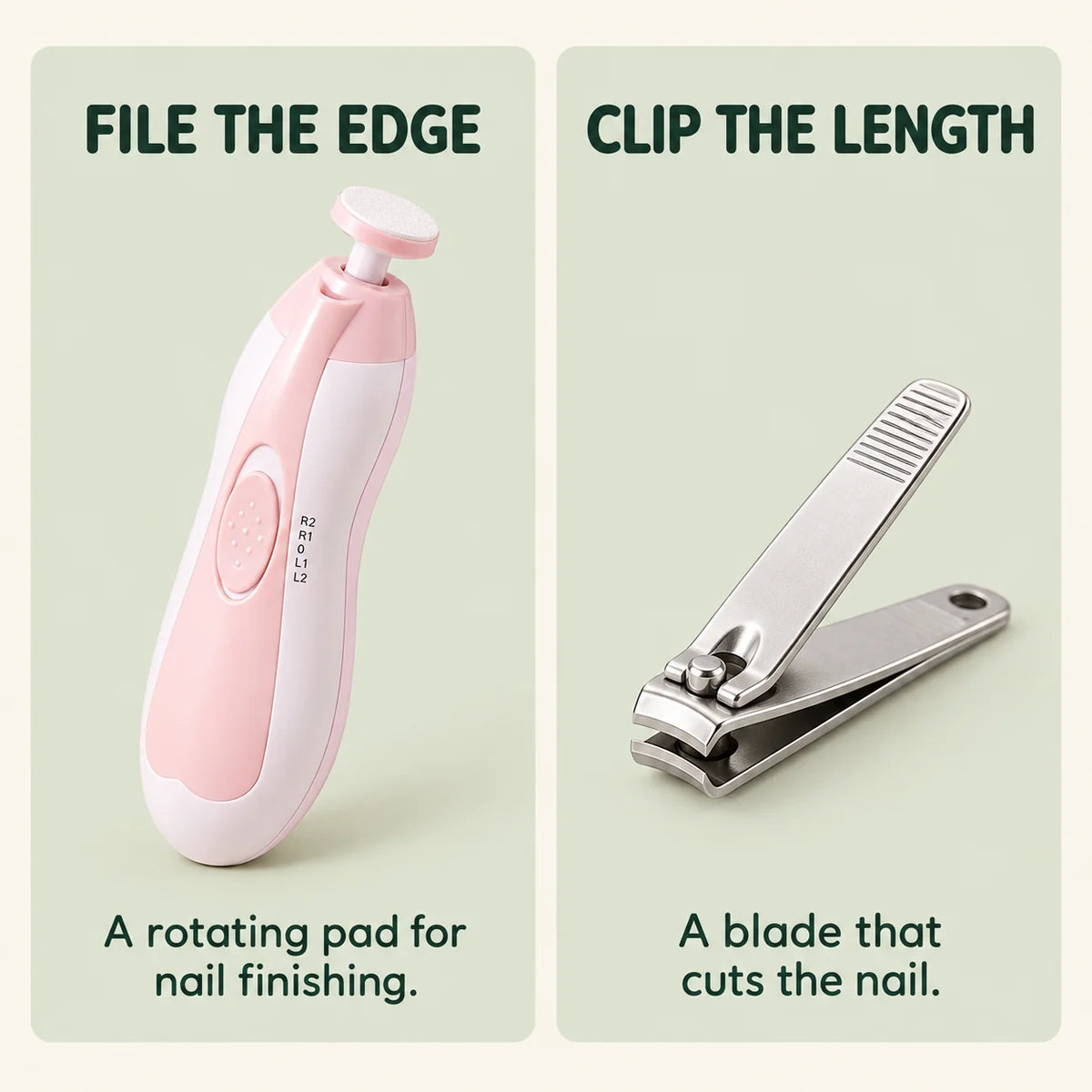 Rotating filing pad and nail clipper blade, showing different nail-care mechanisms
