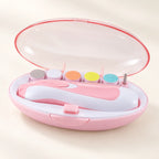 Pink electric baby nail file kit with six attachments and a storage case