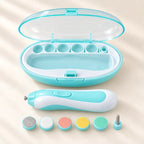 Blue nail file, six attachments and an open storage case
