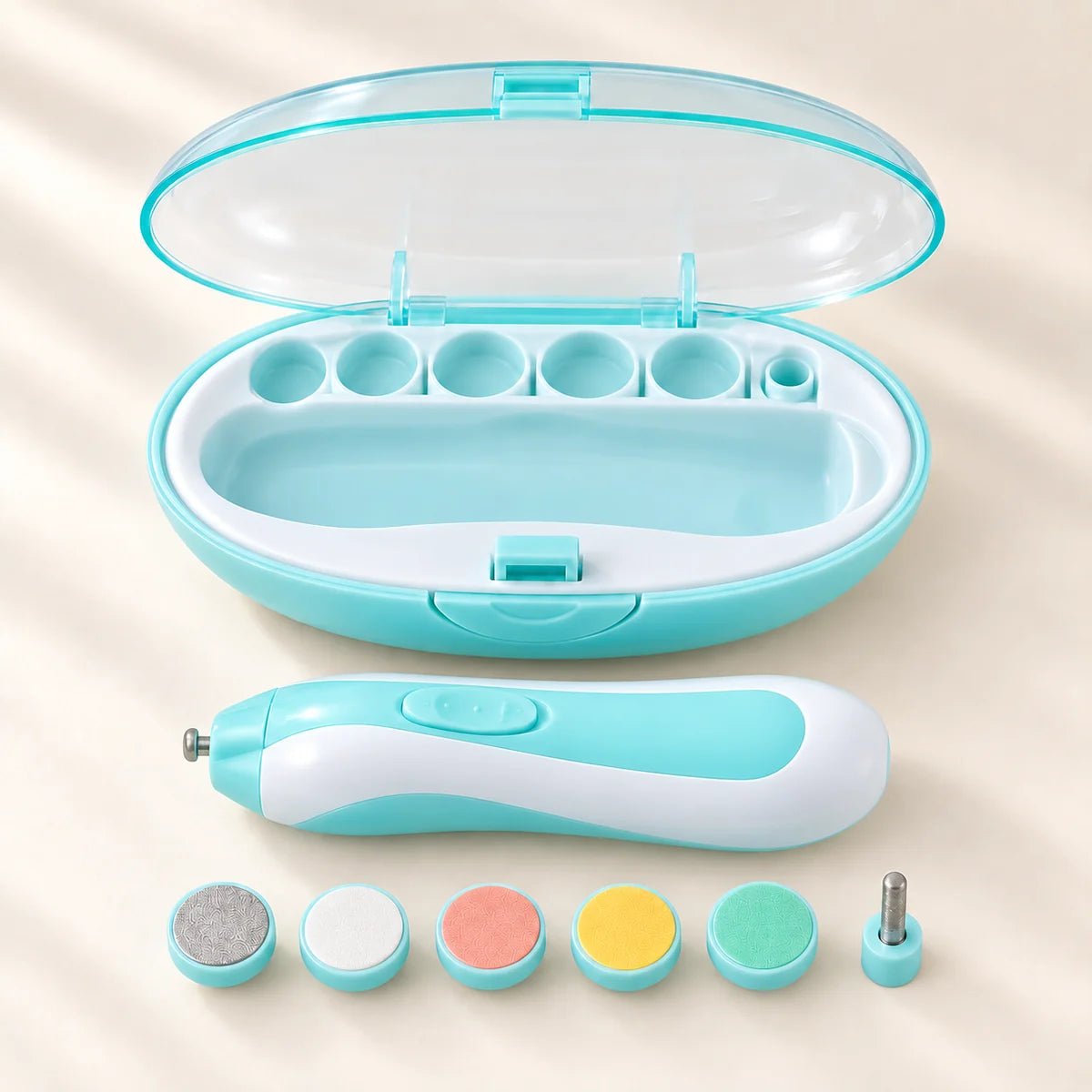 Blue nail file, six attachments and an open storage case