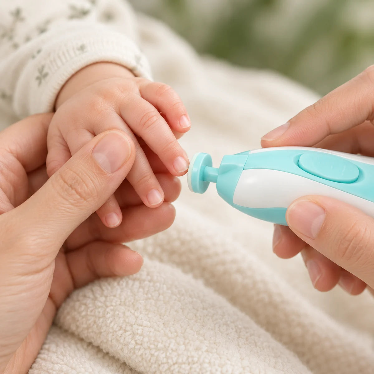 Baby hand supported while a filing pad is positioned at the nail edge