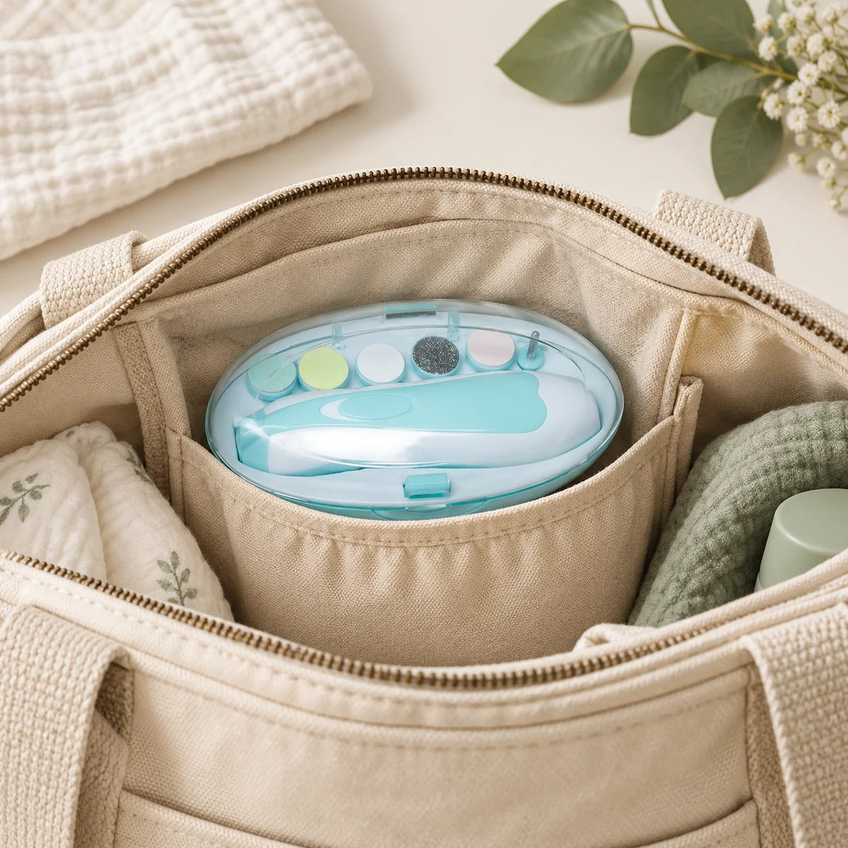 Closed blue nail file kit in a diaper bag