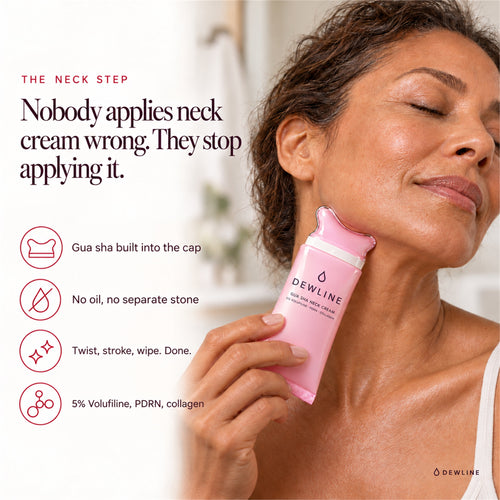Nobody applies neck cream wrong. They stop applying it. Gua sha built into the cap, no oil, twist stroke wipe, 5% Volufiline PDRN collagen