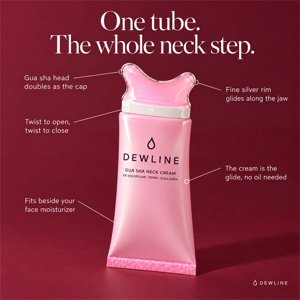 One tube, the whole neck step: gua sha head doubles as the cap, silver rim, twist to open, the cream is the glide