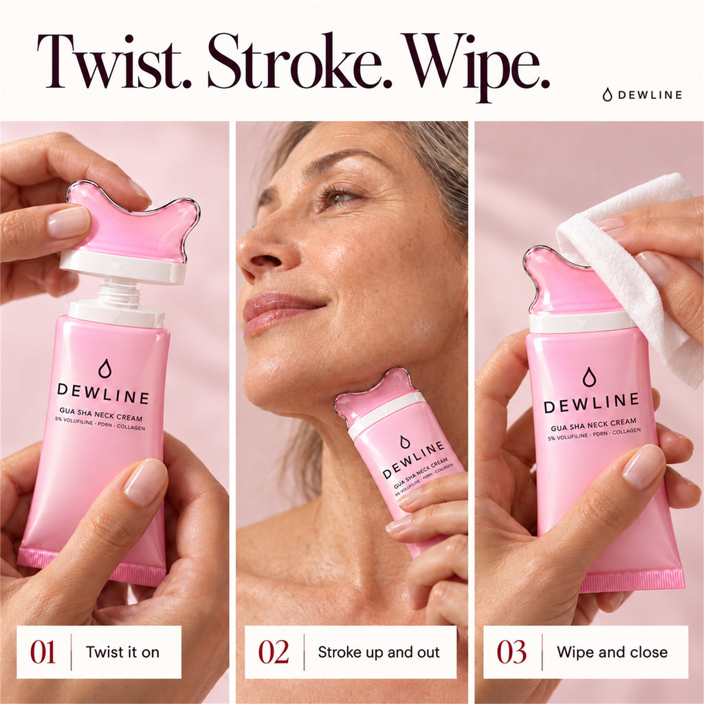 How to use: 01 twist it on, 02 stroke up and out, 03 wipe and close