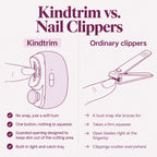 Cudlina vs. nail clippers. Cudlina: no snap, just a soft hum; one button, nothing to squeeze; a guarded opening designed to keep skin out of the cutting area; a built-in light and catch tray. Ordinary clippers: a loud snap she braces for; a firm squeeze; open blades right at the fingertip; clippings scatter everywhere