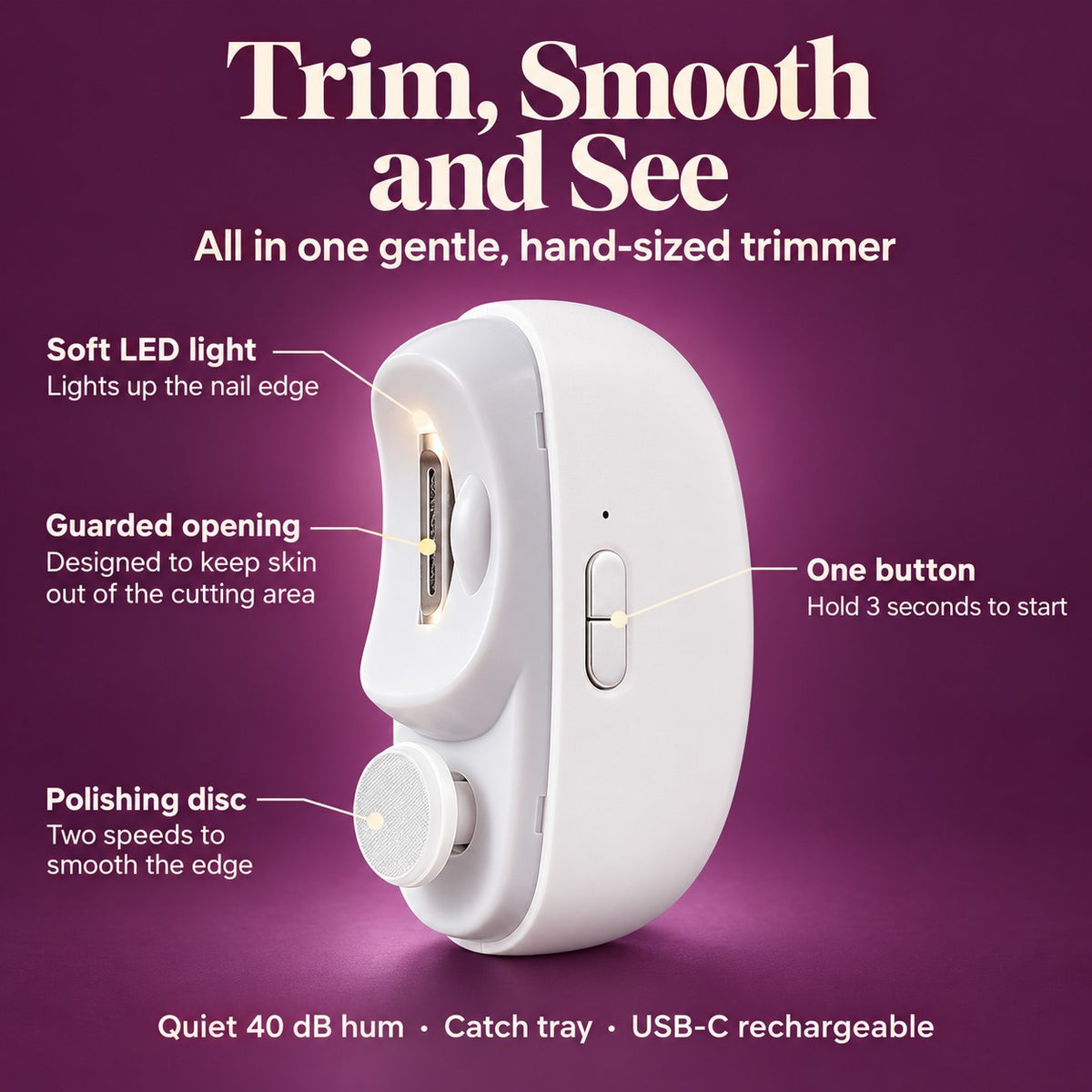 Trim, smooth and see: Cudlina with labels for the guarded opening, the soft LED light, the one button you hold for 3 seconds to start, and the two-speed polishing disc. Quiet 40 dB hum, catch tray, USB-C rechargeable